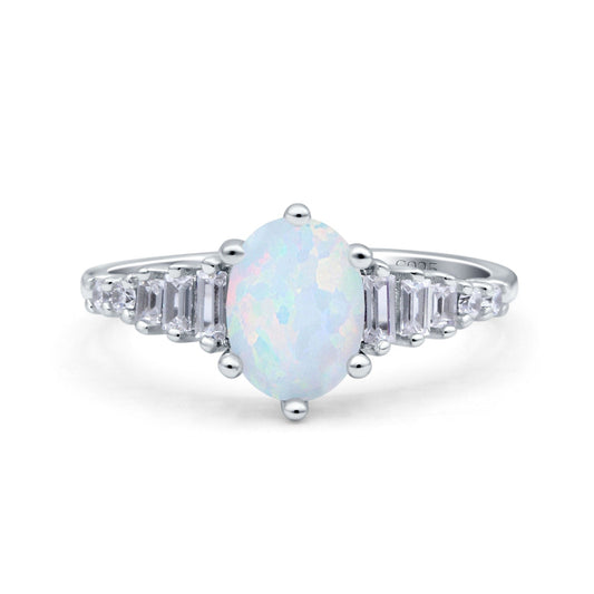 Vintage Style Oval Baguette Lab Created White Opal Bridal Wedding Engagement Ring