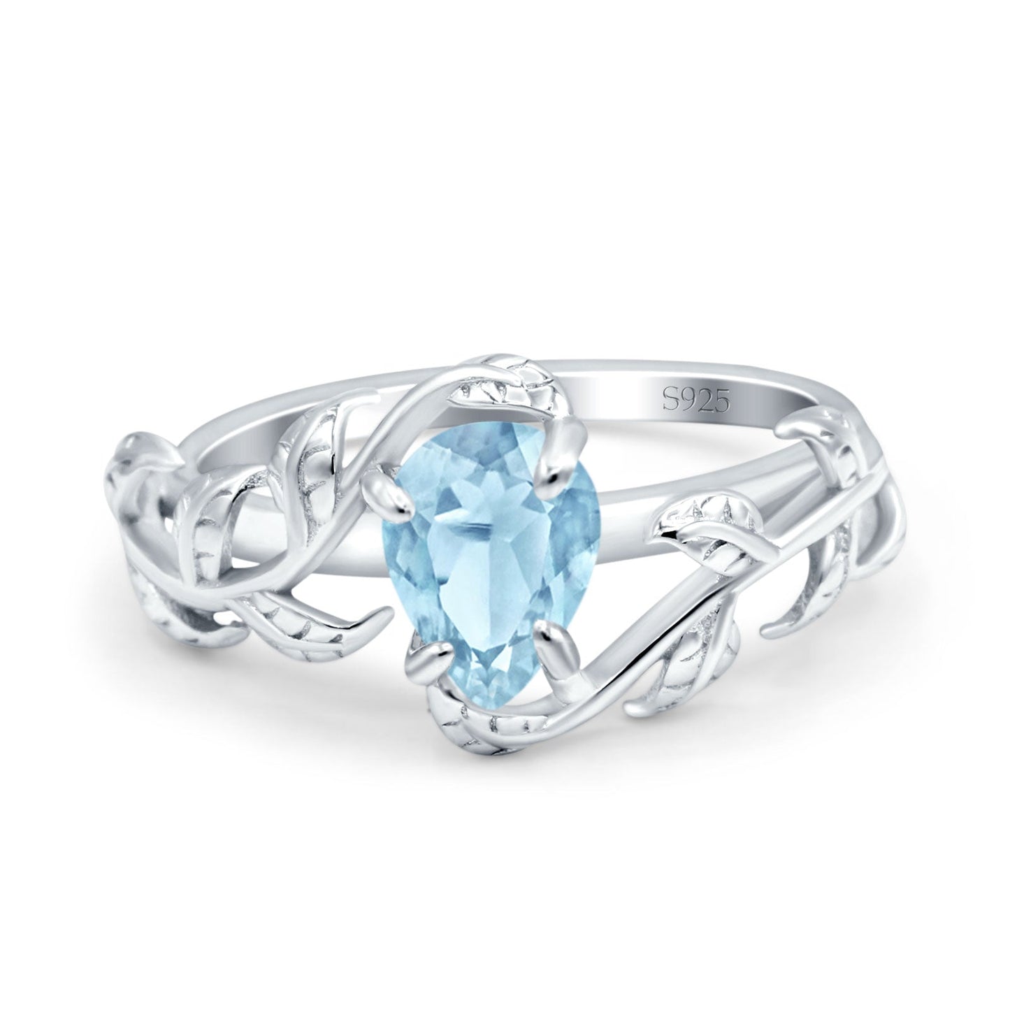 Art Deco Leaves Pear Vintage Style Round Simulated Aquamarine CZ Bridal Wedding Ring