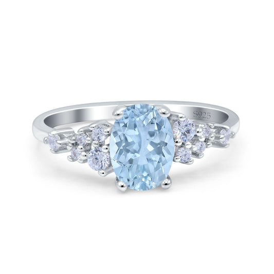 Oval Art Deco Simulated Aquamarine CZ Bridal Wedding Engagement Ring