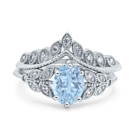 Two Piece Vintage Style Band Oval Simulated Aquamarine CZ Wedding Bridal Set Ring