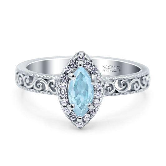 Halo Art Deco Marquise Simulated Aquamarine CZ Bridal Wedding Engagement Ring