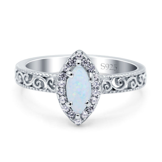 Halo Art Deco Marquise Lab Created White Opal Bridal Wedding Engagement Ring