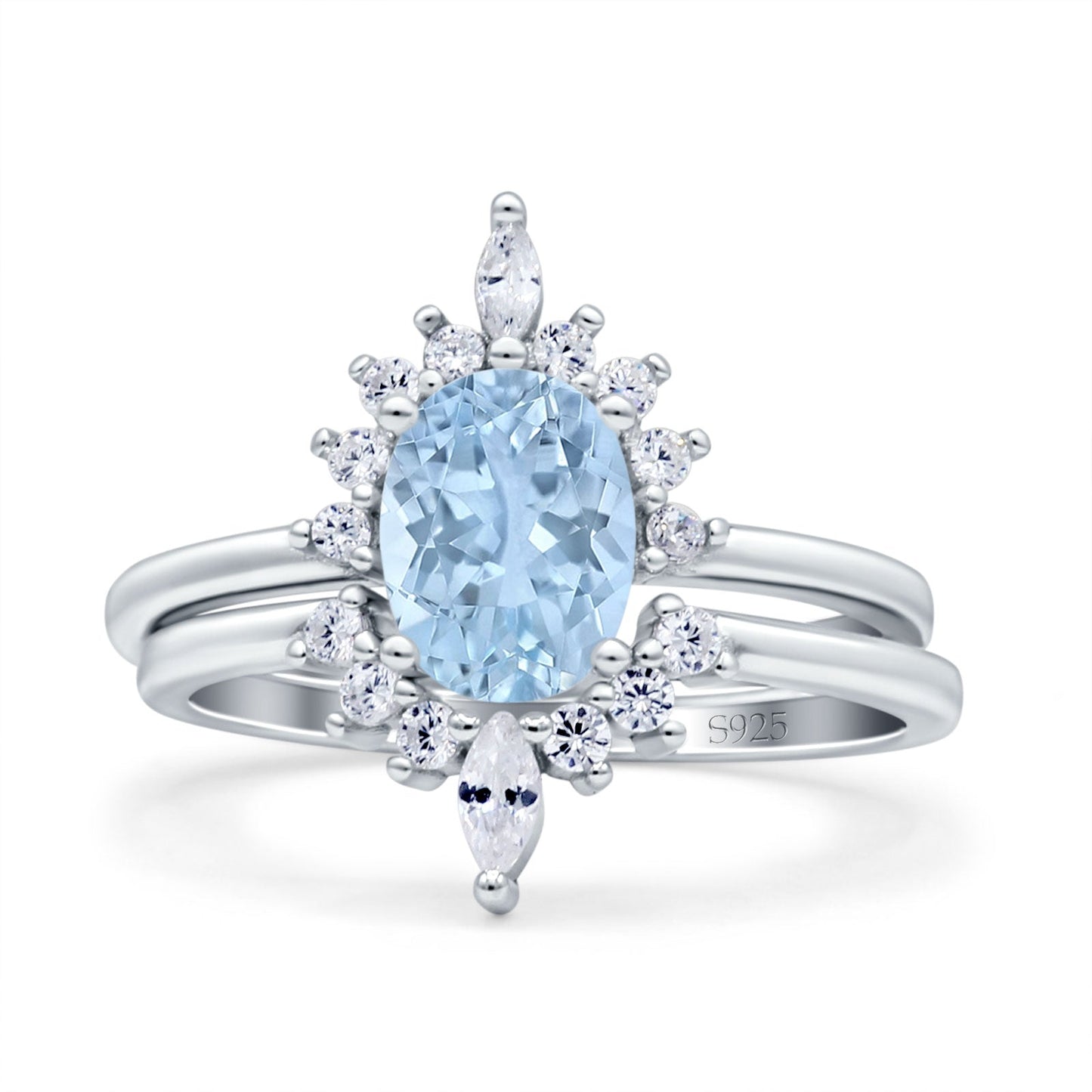 Two Piece Vintage Style Art Deco Wedding Bridal Set Ring Band Oval Simulated Aquamarine CZ