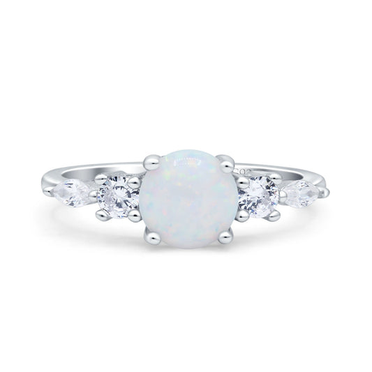 Round Marquise Art Deco Five Stone Engagement Bridal Ring Lab Created White Opal