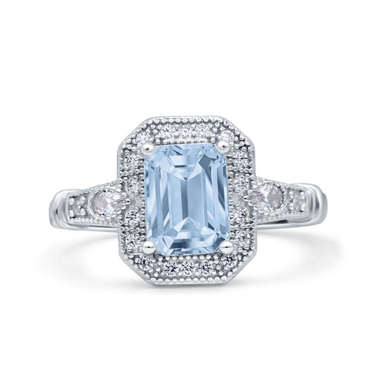 Art Deco Emerald Cut Wedding Bridal Ring Simulated Aquamarine CZ