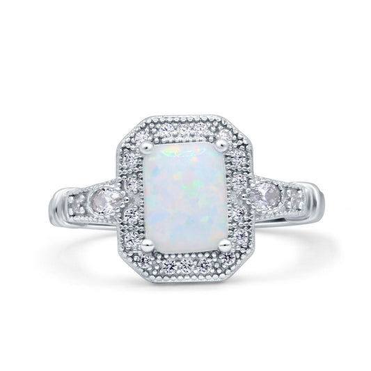 Art Deco Emerald Cut Wedding Bridal Ring Lab Created White Opal