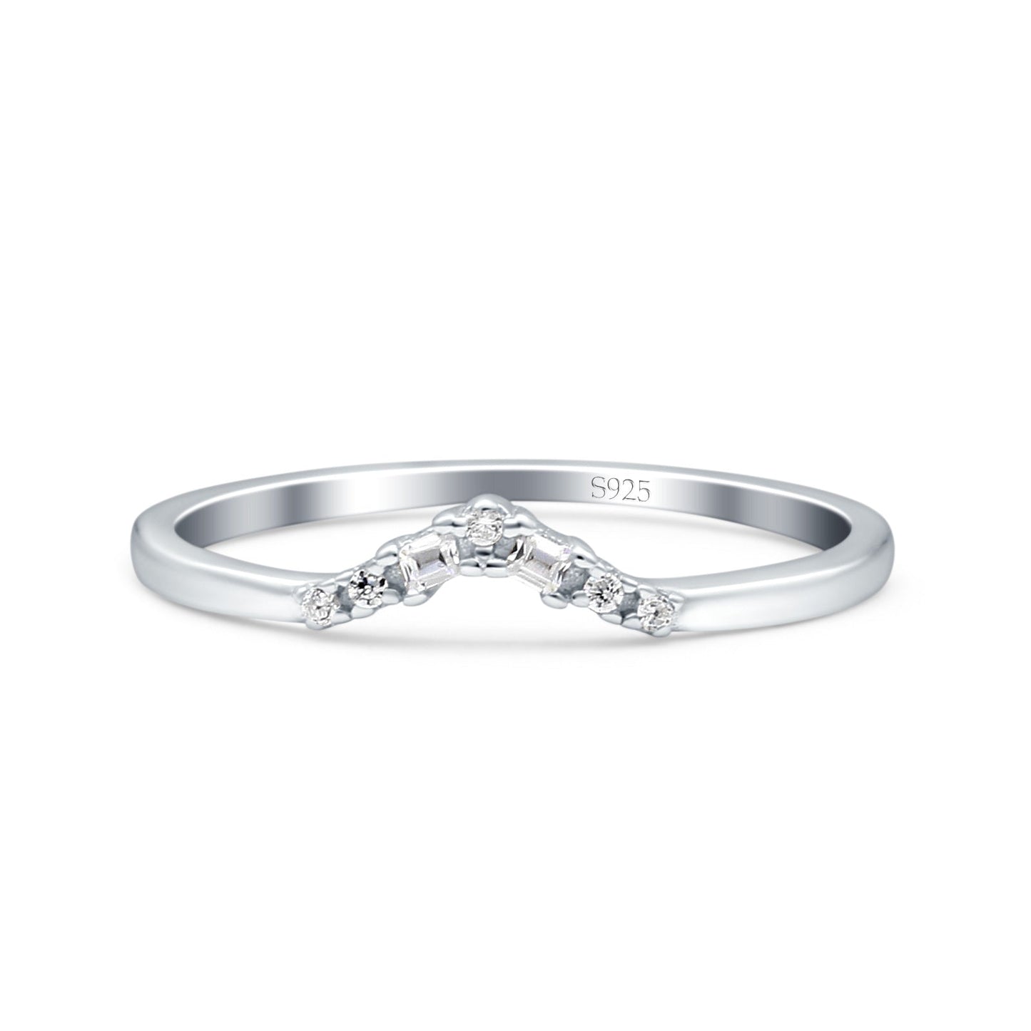 V Curve Baguette Band Eternity Ring Wedding Round Simulated Cubic Zirconia