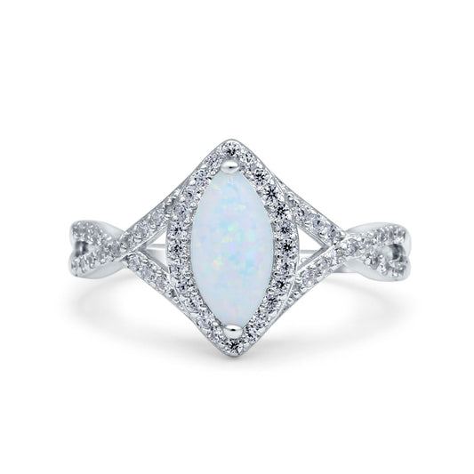 Art Deco Marquise Lab Created White Opal Bridal Wedding Engagement Ring