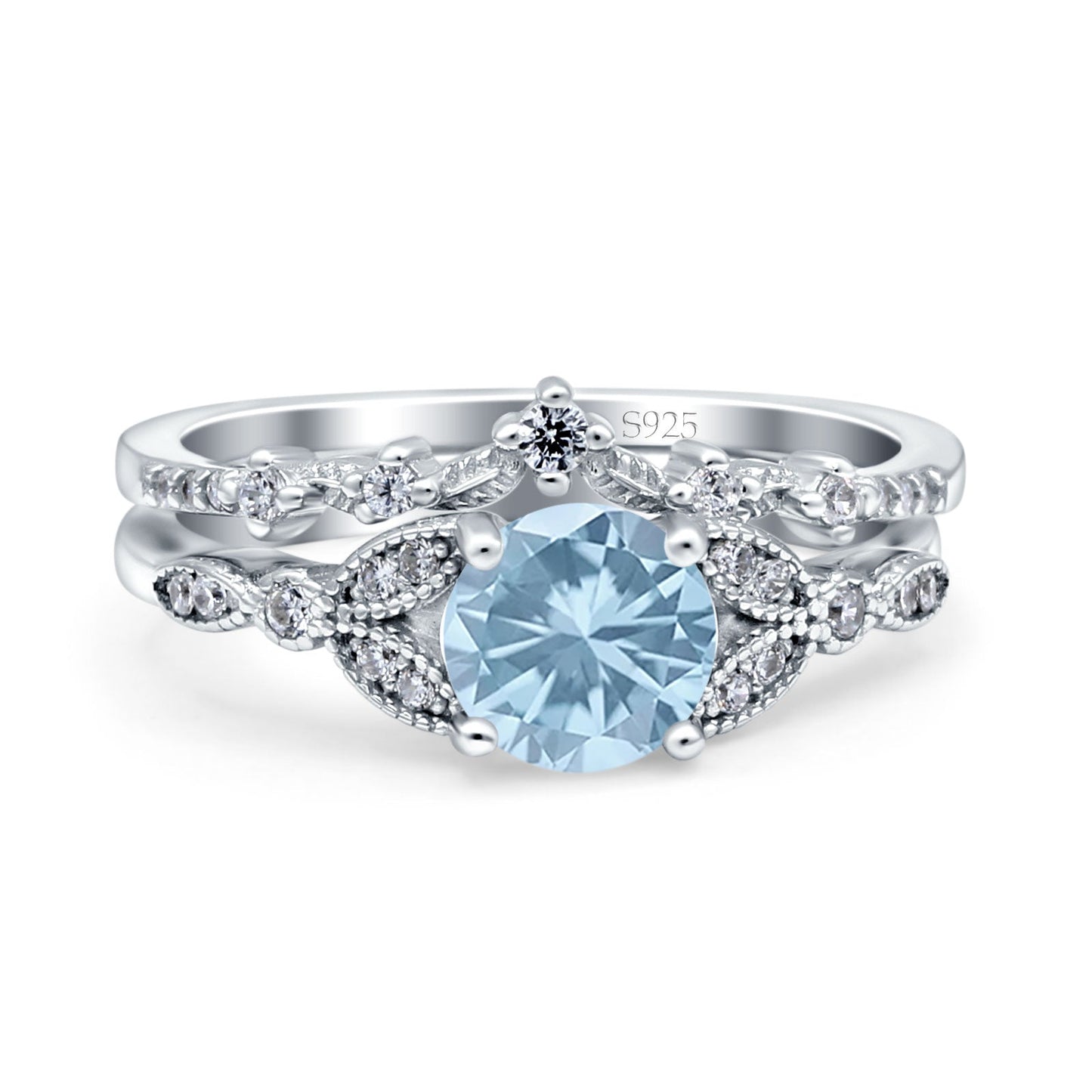 Two Piece Vintage Style Band Round Simulated Aquamarine CZ Wedding Bridal Set Ring