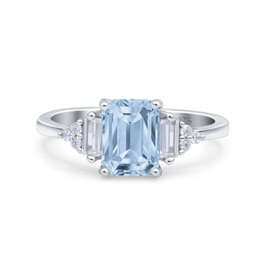 Emerald Cut Art Deco Baguette Simulated Aquamarine CZ Wedding Engagement Ring