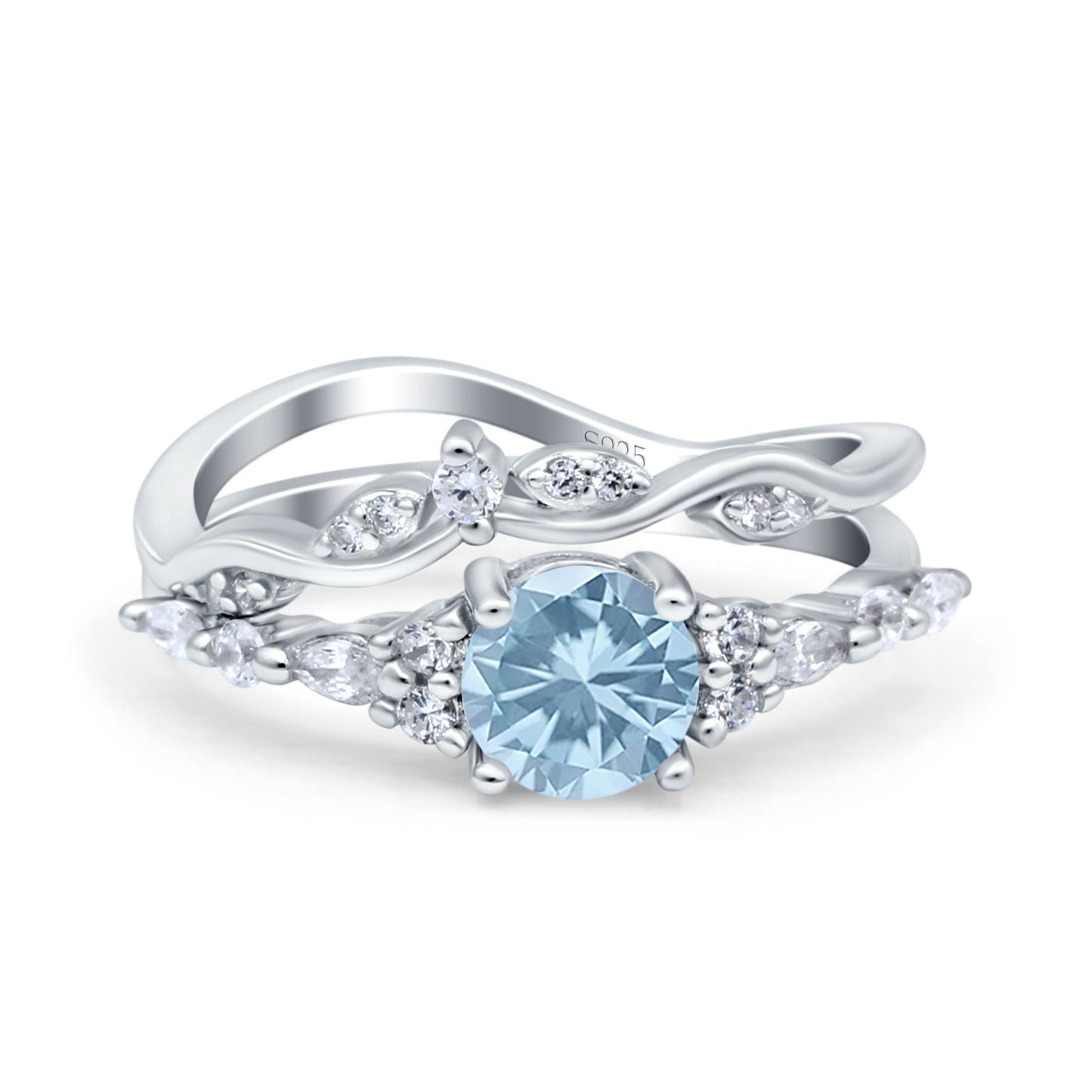 Two Piece Vintage Style Art Deco Round Simulated Aquamarine CZ Engagement Bridal Set Ring