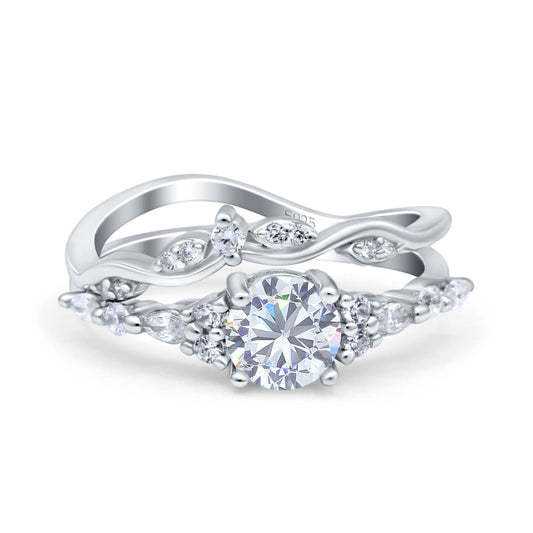 Two Piece Vintage Style Art Deco Round Simulated Cubic Zirconia Engagement Bridal Set Ring