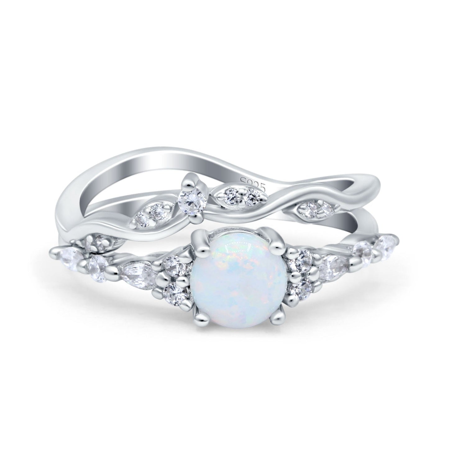 Two Piece Vintage Style Art Deco Round Lab Created White Opal Engagement Bridal Set Ring