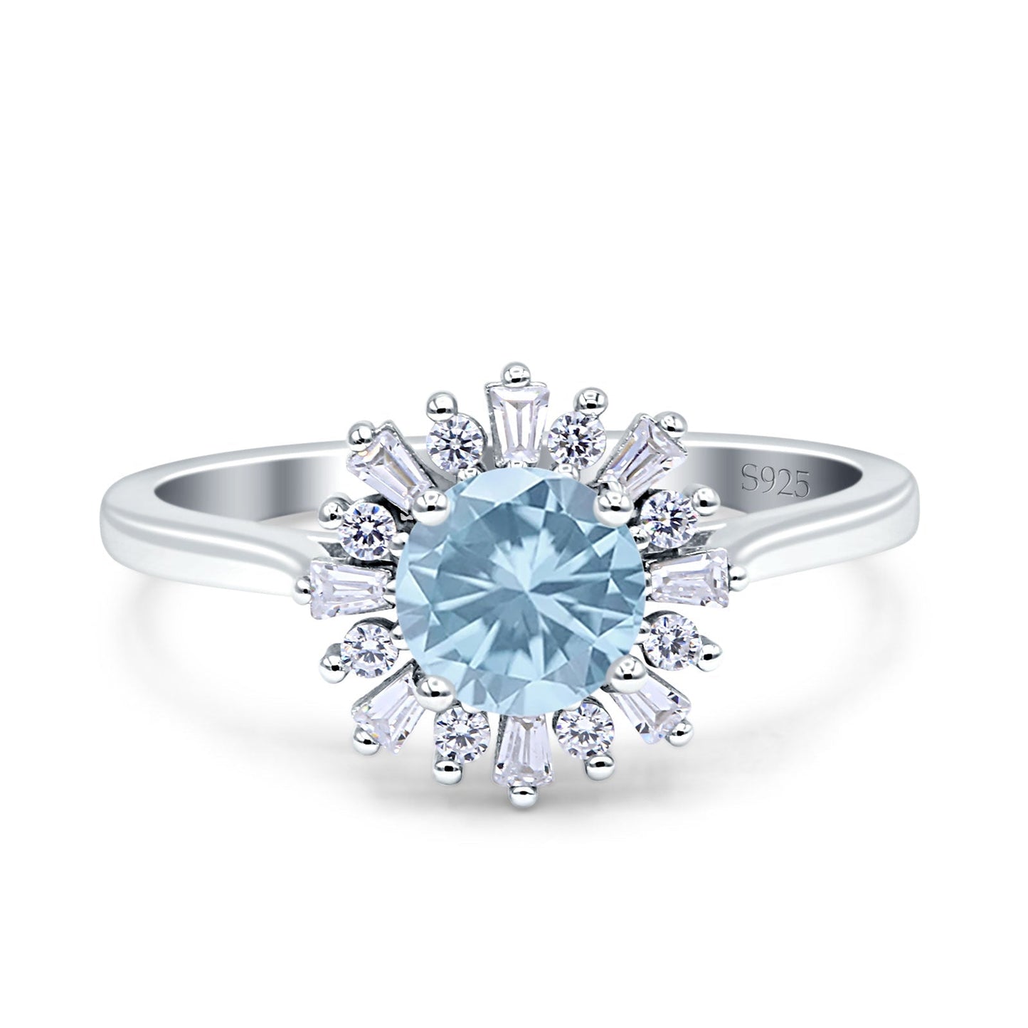 Art Deco Wedding Ring With Baguette And Round Simulated Aquamarine CZ Stones