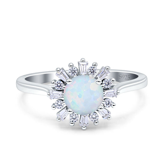 Art Deco Wedding Ring With Baguette And Round Lab Created White Opal