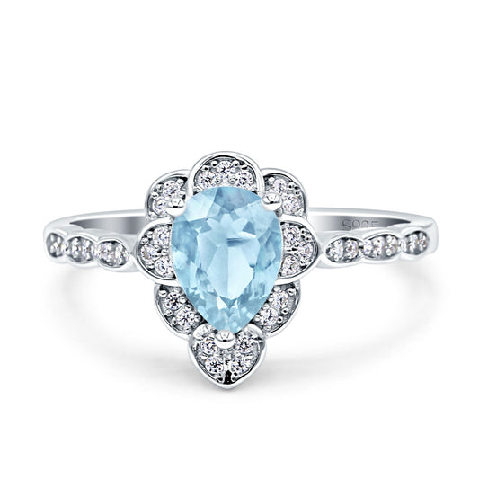 Teardrop Pear Shape Halo Simulated Aquamarine CZ Engagement Ring