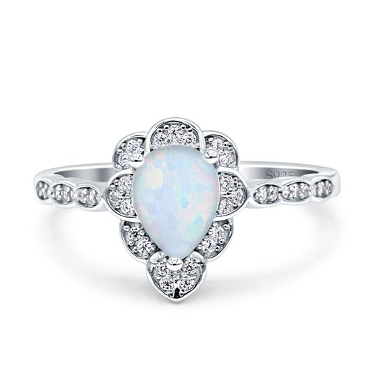 Teardrop Pear Shape Halo Lab Created White Opal Engagement Ring