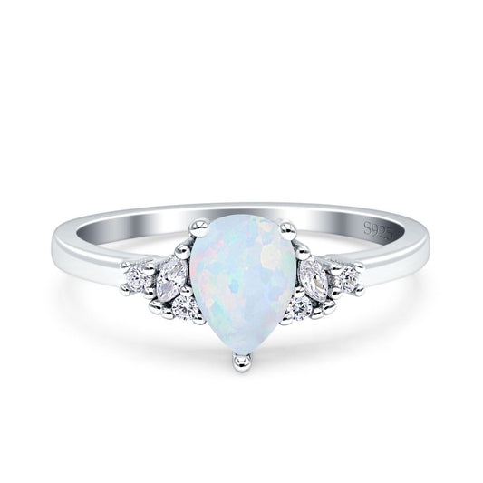 Teardrop Pear Shape Wedding Engagement Ring Lab Created White Opal