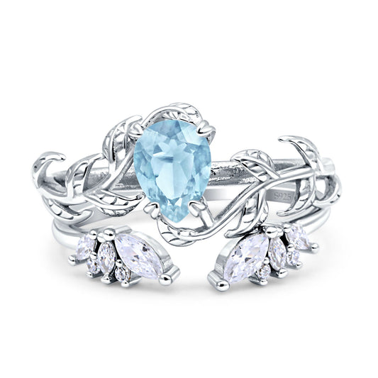 Art Deco Teardrop Pear Leaf Design Wedding Two Piece Ring Simulated Aquamarine CZ Stones