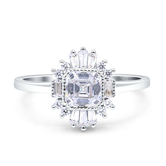 Halo Asscher Cut Art Deco Wedding Bridal Ring Simulated Cubic Zirconia