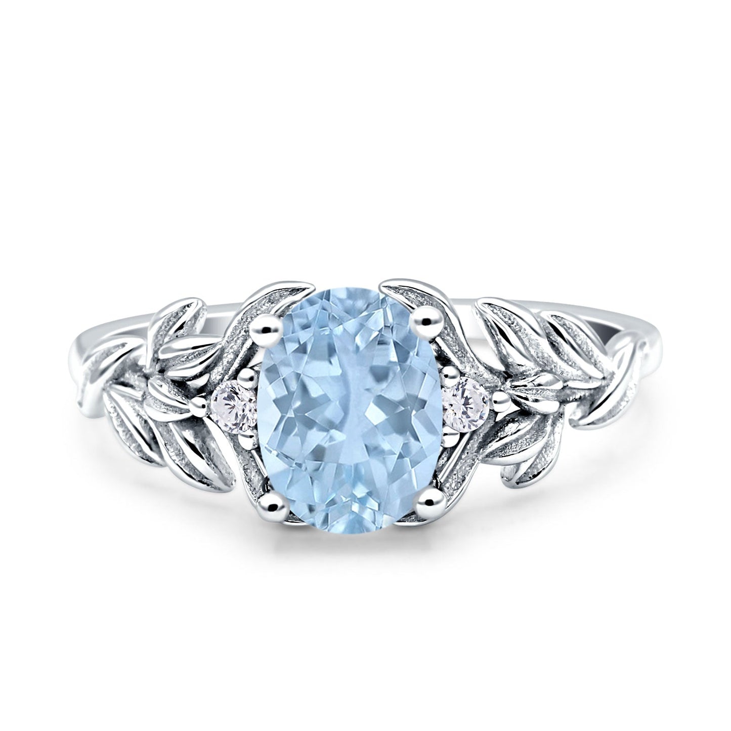 Leaf Style Oval Vintage Simulated Aquamarine CZ Engagement Ring