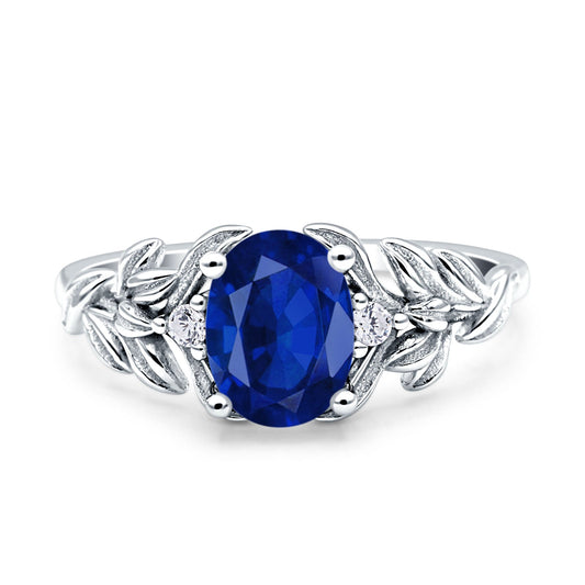 Leaf Style Oval Vintage Simulated Blue Sapphire CZ Engagement Ring