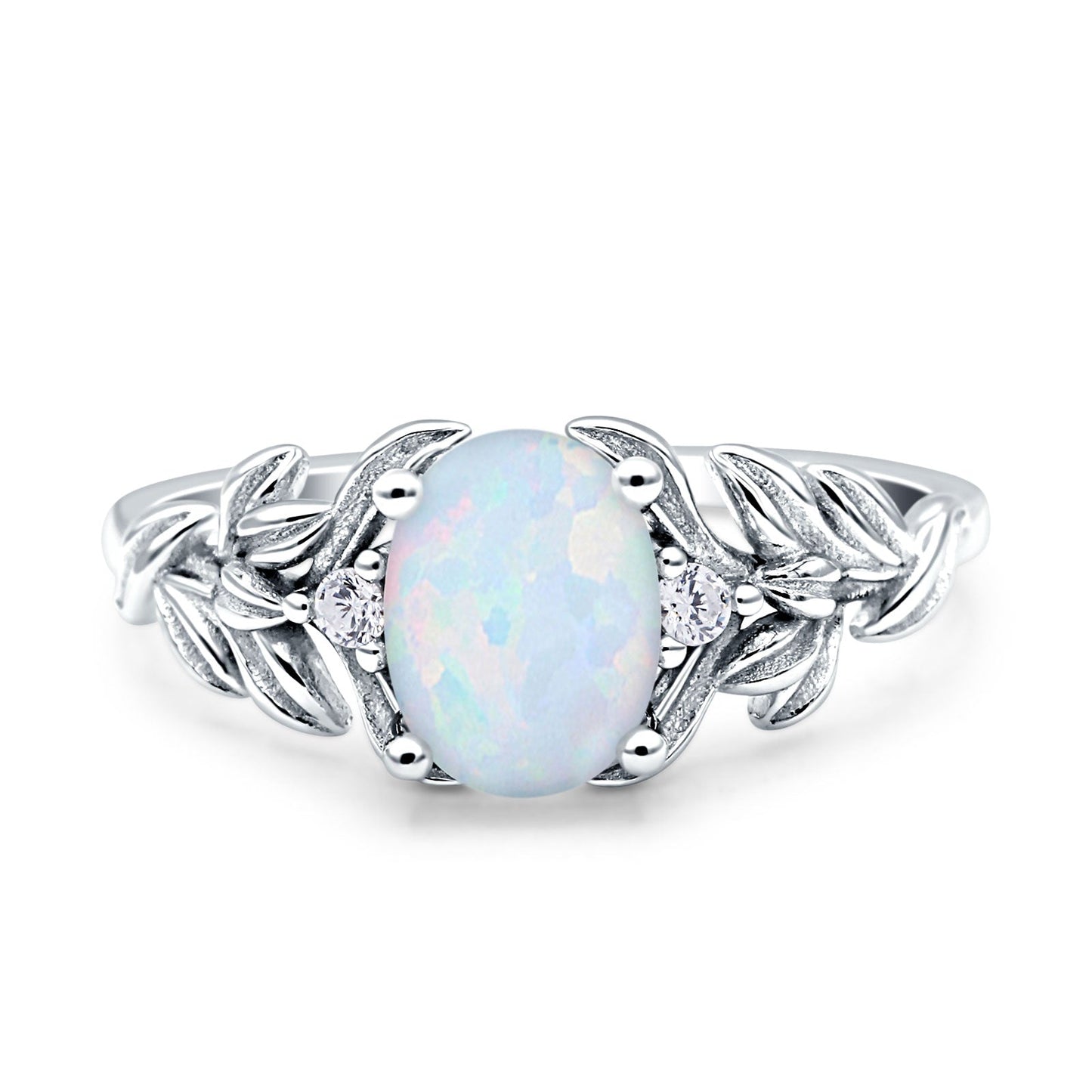 Leaf Style Oval Vintage Lab Created White Opal Engagement Ring