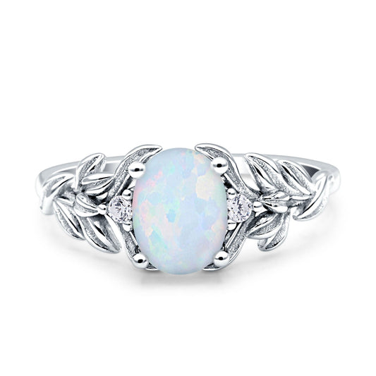 Leaf Style Oval Vintage Lab Created White Opal Engagement Ring