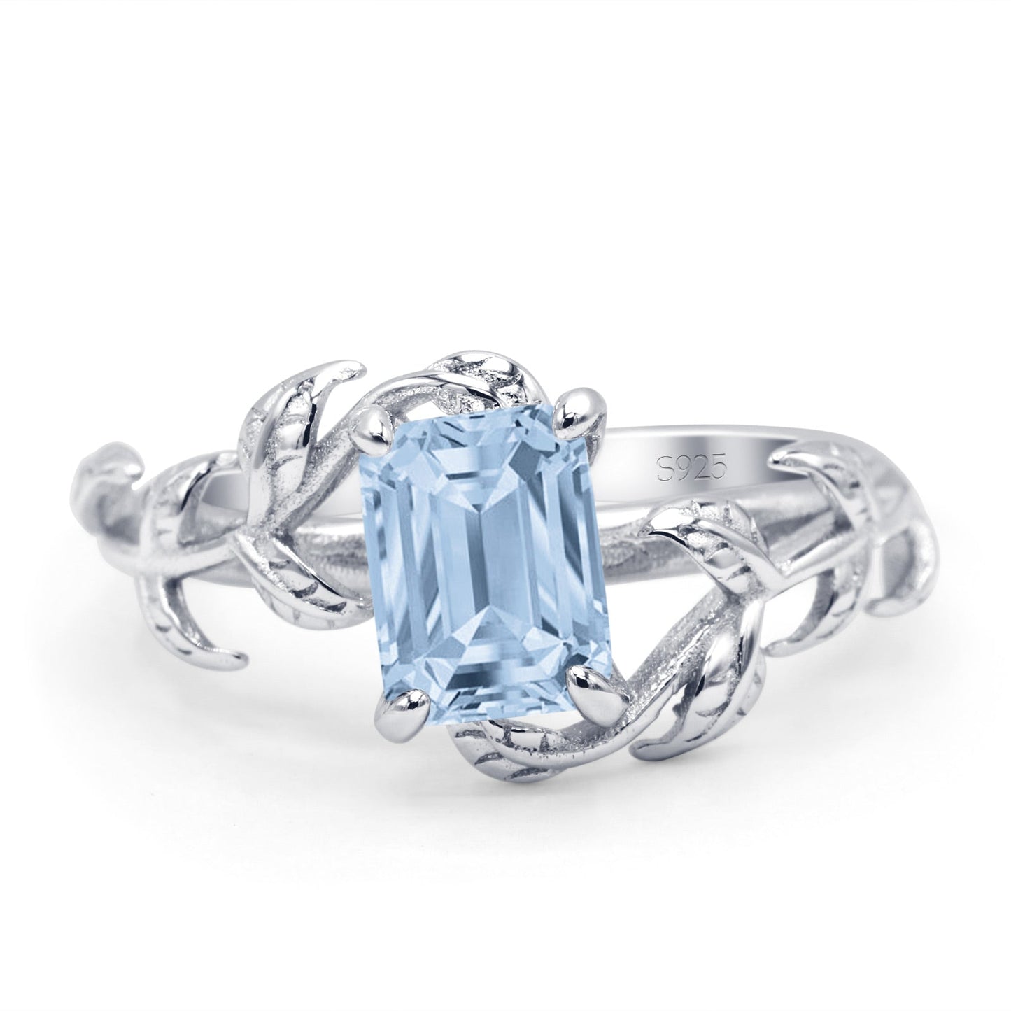 Art Deco Engagement Ring Natural Leaf Design Emerald Cut Simulated Aquamarine