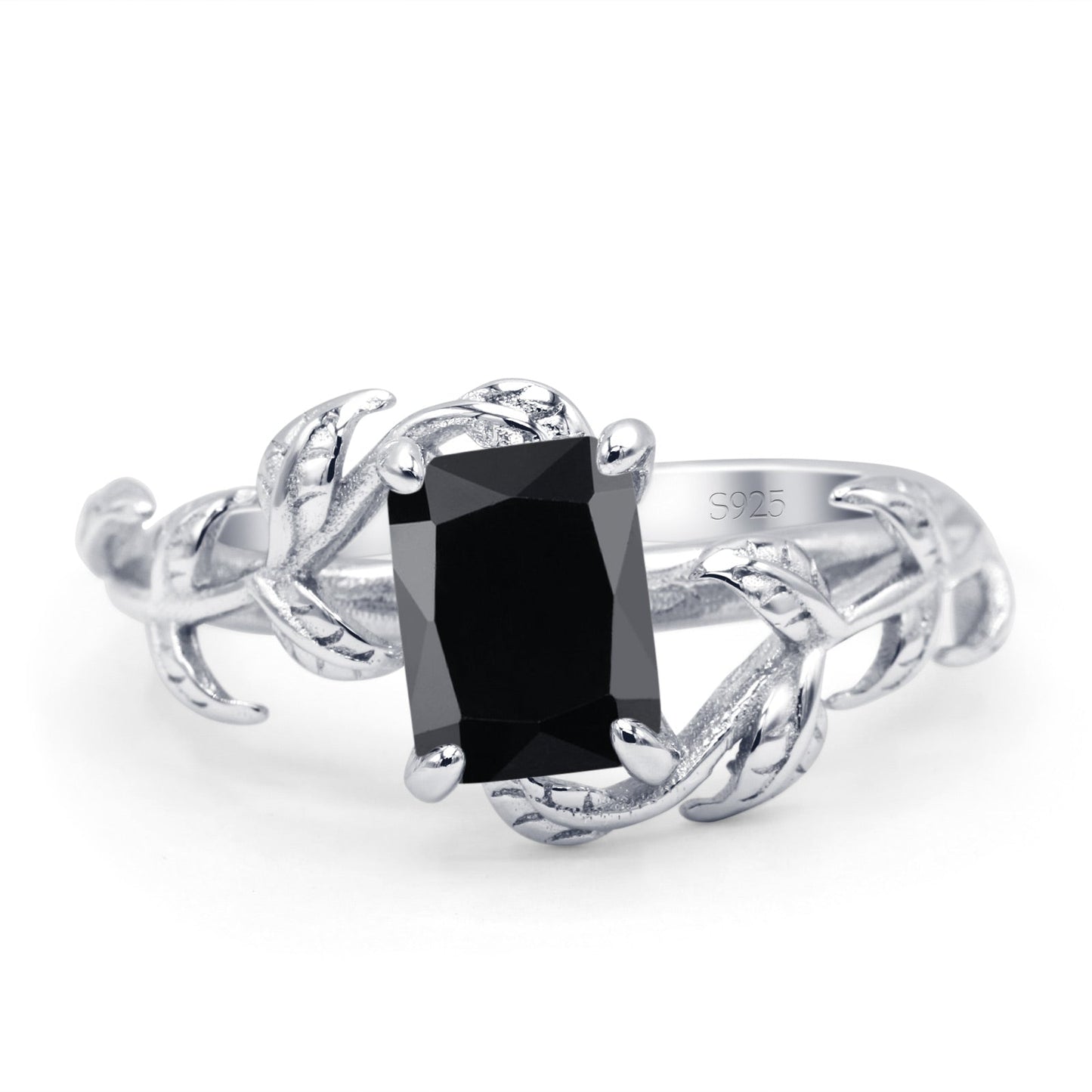 Art Deco Engagement Ring Natural Leaf Design Emerald Cut Simulated Black