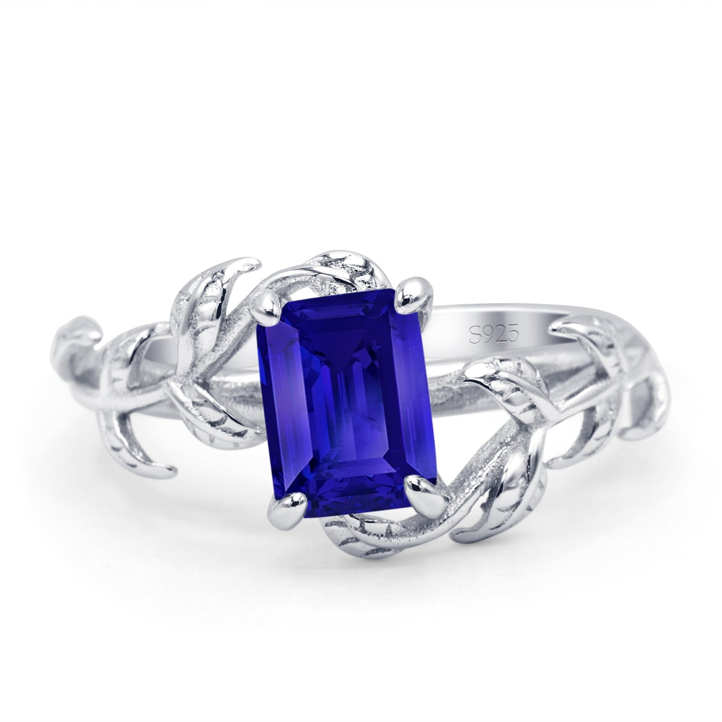 Art Deco Engagement Ring Leaf Simulated Blue Sapphire