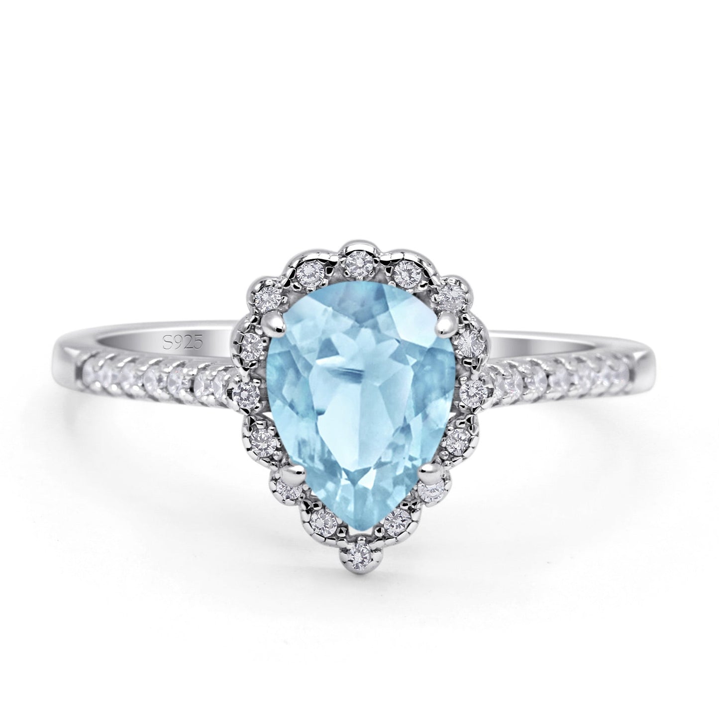 Teardrop Pear Vintage Style Halo Engagement Ring Simulated Aquamarine