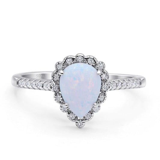 Teardrop Pear Vintage Style Halo Statement Ring Lab Created White Opal