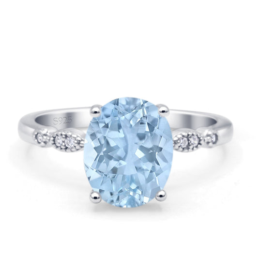 Solitaire Accent Oval Engagement Ring Simulated Aquamarine