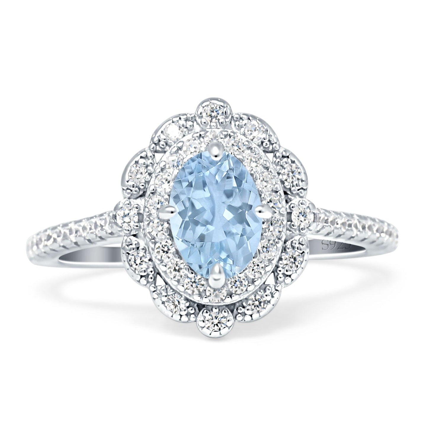 Floral Oval Vintage Engagement Ring Simulated Aquamarine