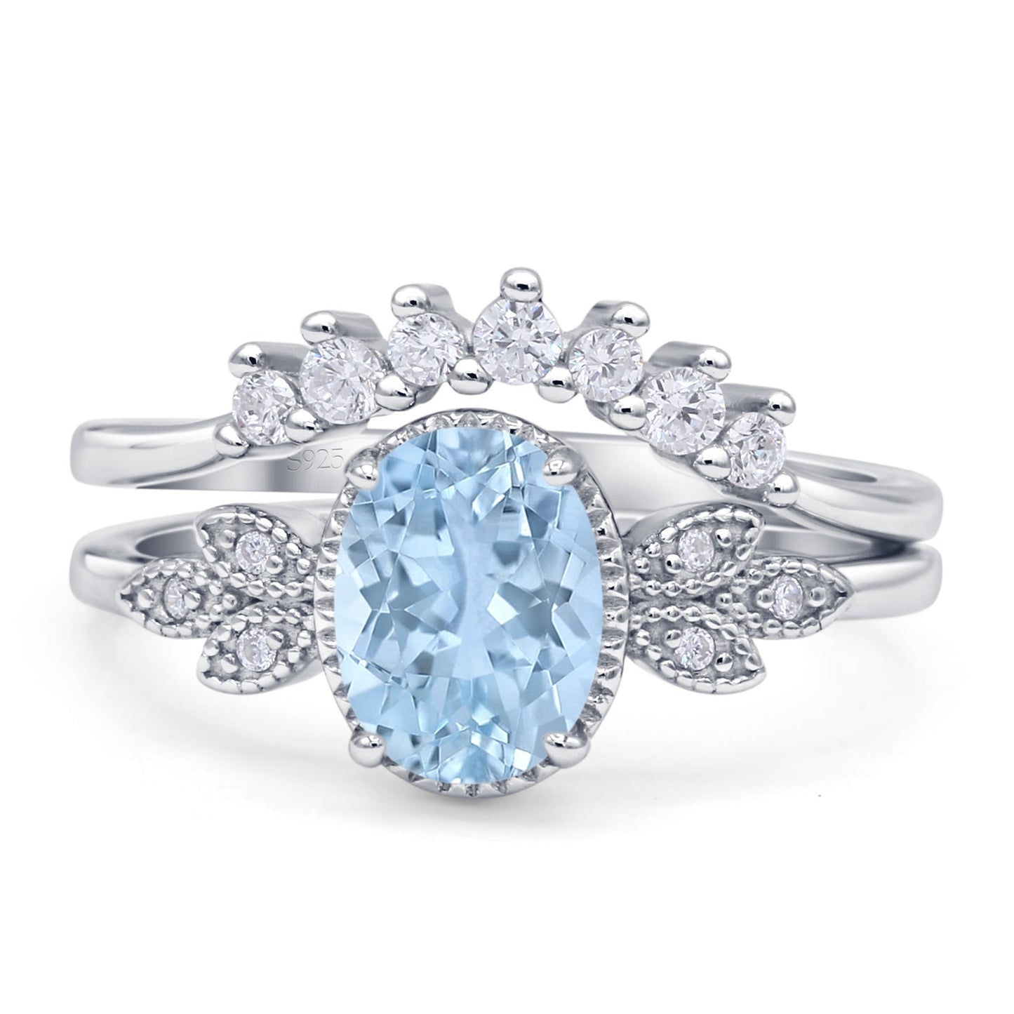 Vintage Style Band Oval Piece Bridal Set Ring Simulated Aquamarine