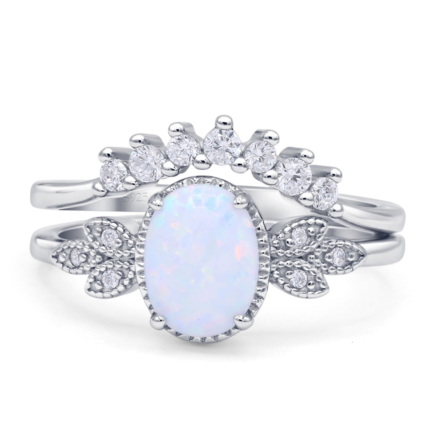 Vintage Style Band Oval Piece Bridal Set Ring Lab Created White Opal