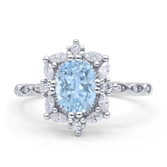 Oval Halo Ballerina Style Engagement Ring Simulated Aquamarine