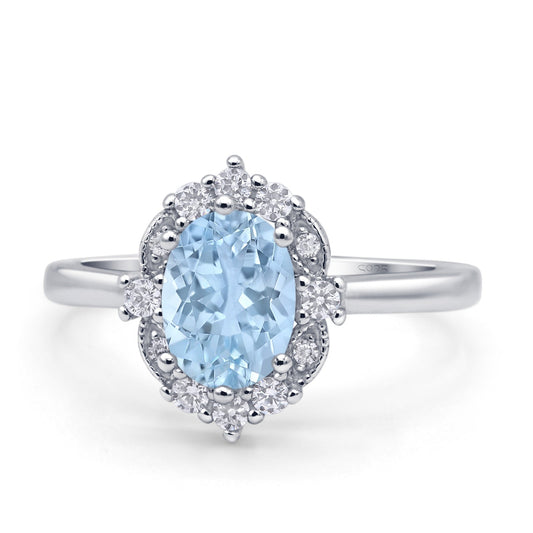 Halo Ballerina Style Oval Engagement Ring Simulated Aquamarine