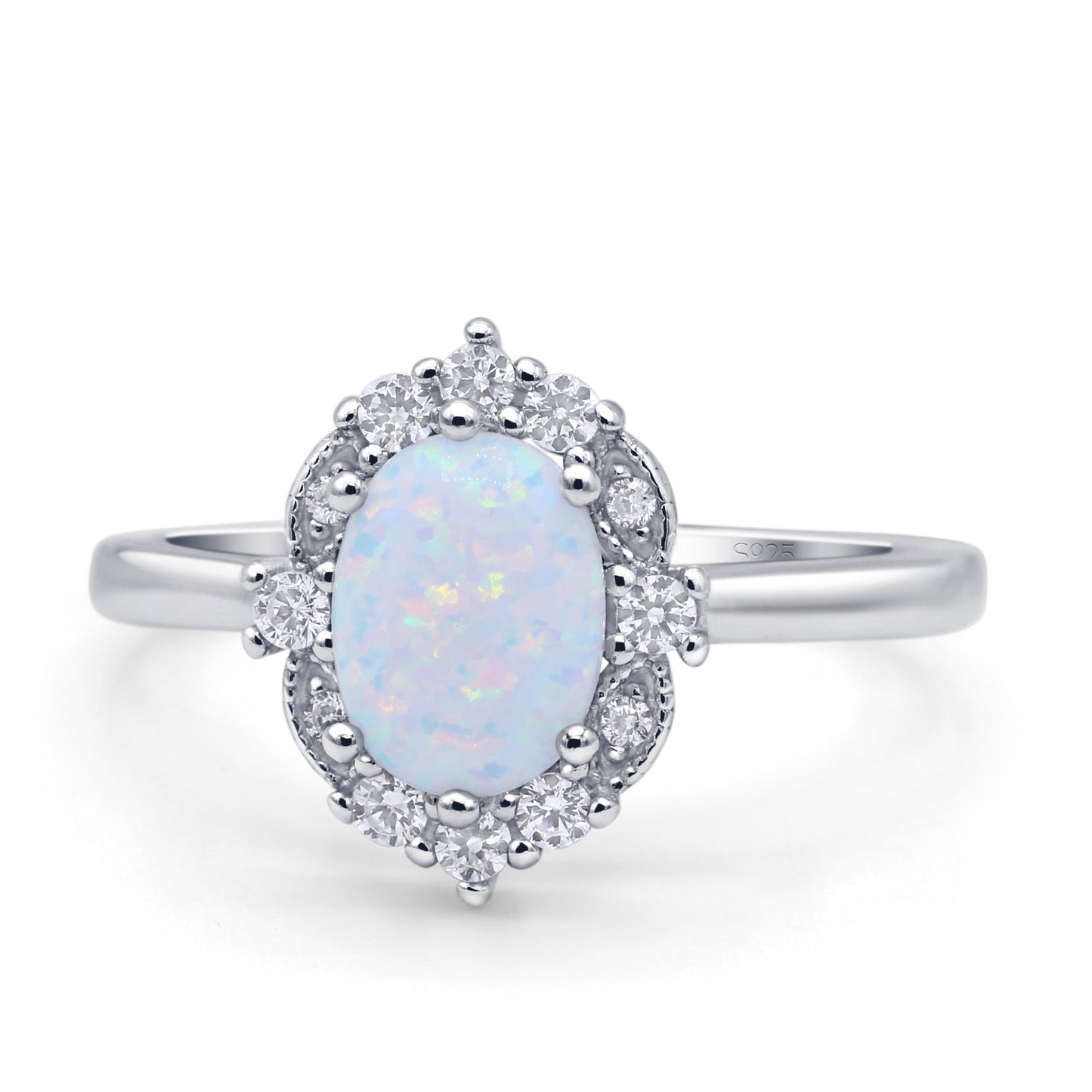 Halo Ballerina Style Oval Fashion Ring Lab Created White Opal