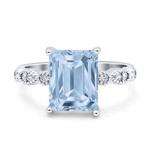 Vintage Emerald Cut Simulated Aquamarine CZ Engagement Ring