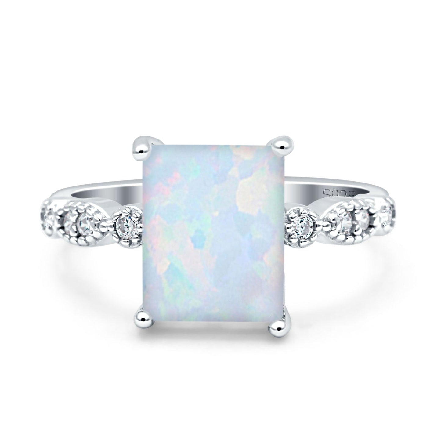 Vintage Emerald Cut Lab Created White Opal Engagement Ring