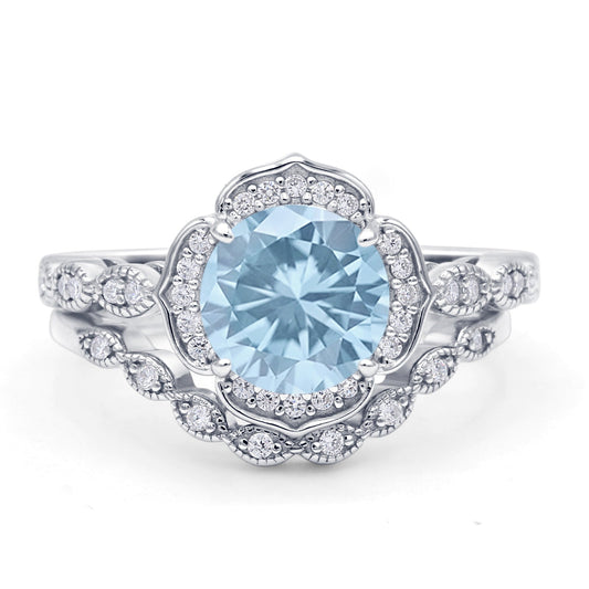 Round Floral Bridal Set Piece Vintage Style Engagement Ring Simulated Aquamarine