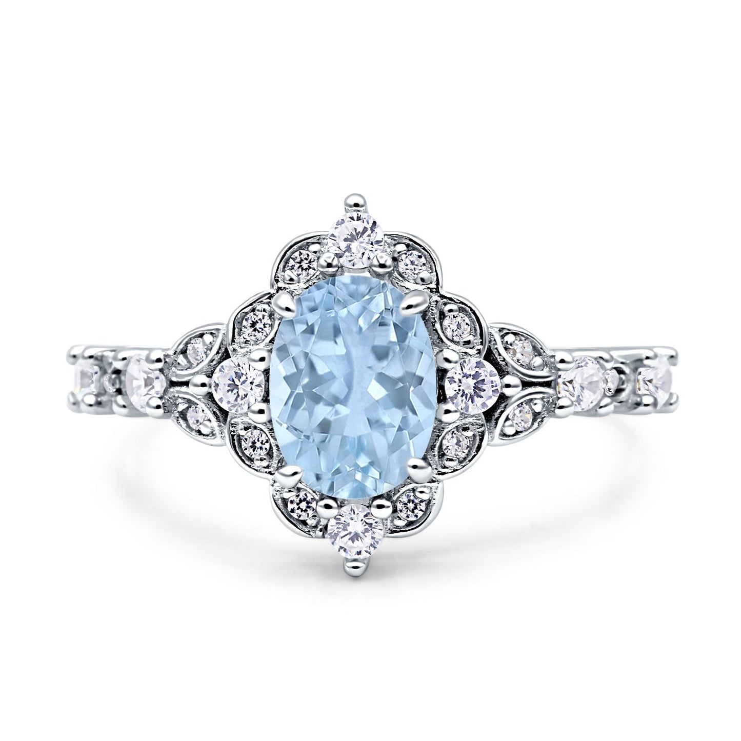 Art Deco Oval Engagement Ring Simulated Aquamarine CZ