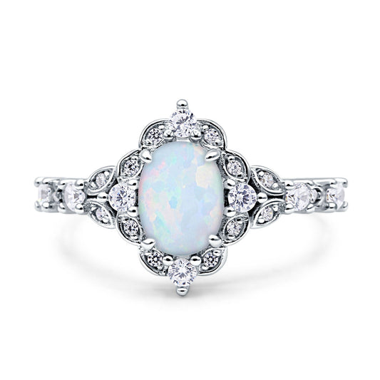 Art Deco Oval Engagement Ring Lab Created White Opal