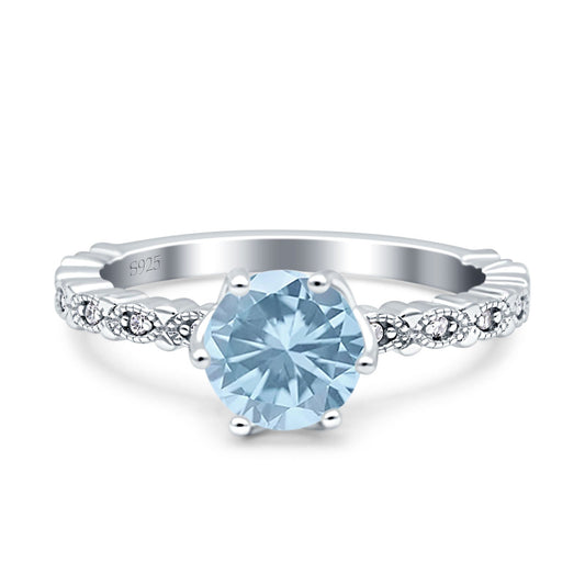 Art Deco Round Engagement Ring Simulated Aquamarine CZ