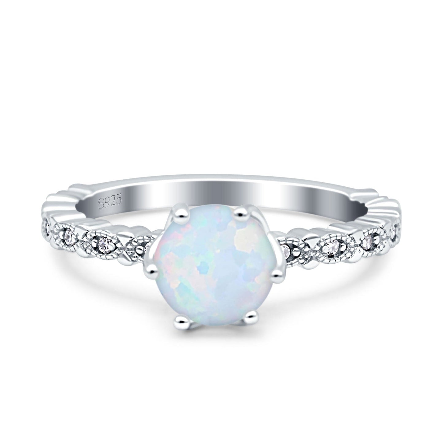 Art Deco Round Engagement Ring Lab Created White Opal