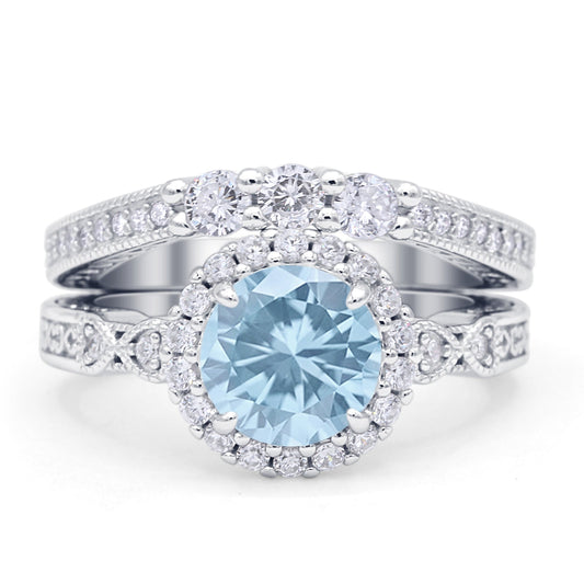 Halo Bridal Set Piece Round Wedding Band Ring Simulated Aquamarine