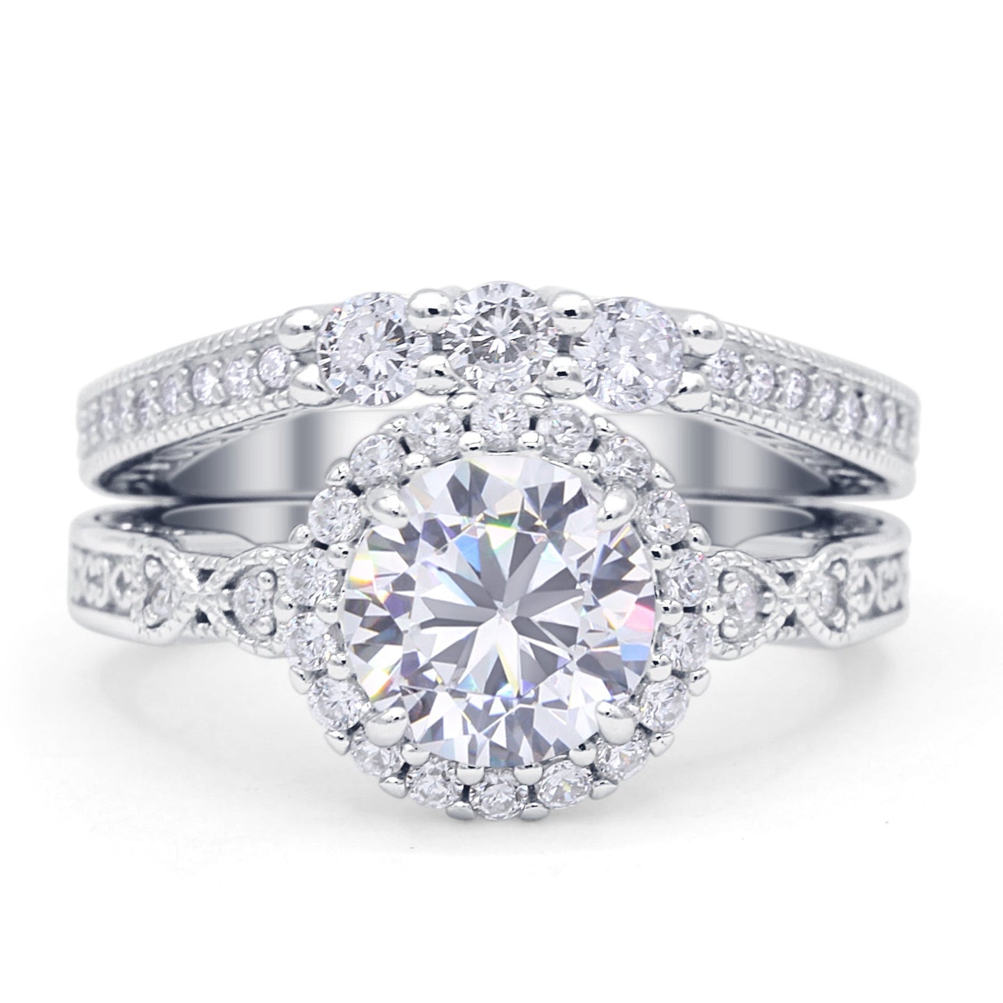 Halo Bridal Set Piece Round Wedding Band Ring Cubic Zirconia