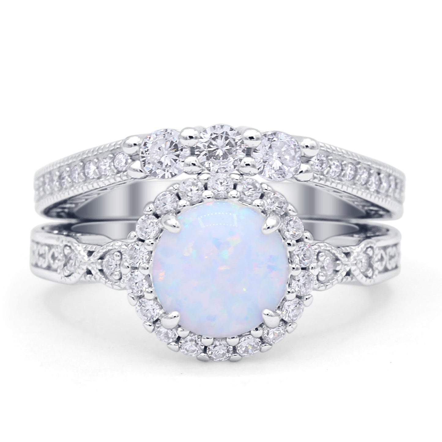 Halo Bridal Set Piece Round Wedding Band Ring Lab Created White Opal